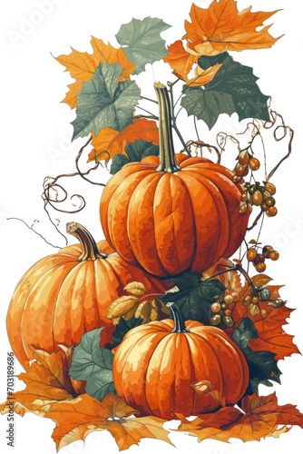 A vibrant painting showcasing pumpkins and autumn leaves. Perfect for autumn-themed decorations or seasonal projects