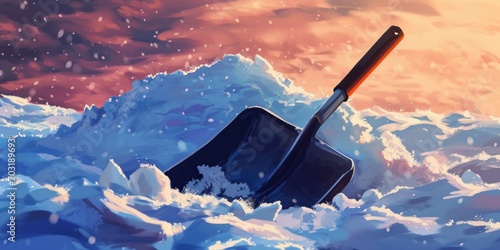 A shovel stuck in a pile of snow. Suitable for winter, snow removal, and outdoor activities