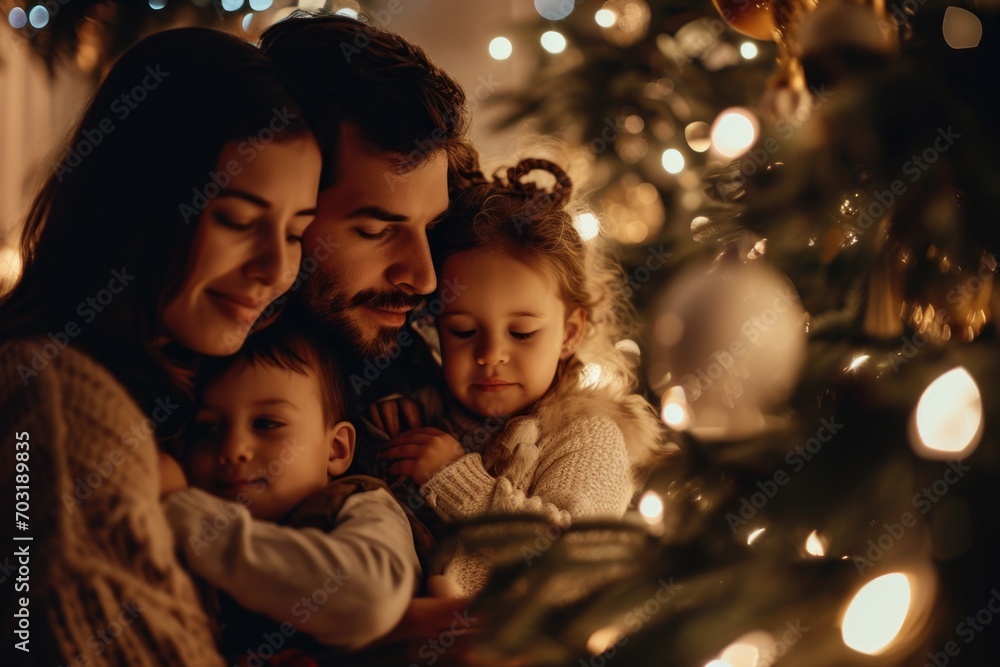 A heartwarming image of a man and woman holding their child in front of a beautifully decorated Christmas tree. Perfect for holiday-themed designs and advertisements A heartwarming image of a man and woman holding their child in front of a beautifully decorated Christmas tree. Perfect for holiday-themed designs and advertisements