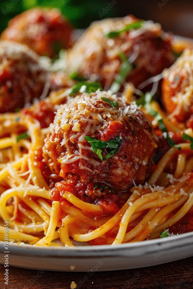 Delicious plate of spaghetti and meatballs on a rustic wooden table. Perfect for food lovers and Italian cuisine enthusiasts Delicious plate of spaghetti and meatballs on a rustic wooden table. Perfect for food lovers and Italian cuisine enthusiasts