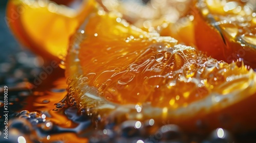 A close-up view of an orange sliced in half. This image can be used to showcase the vibrant colors and refreshing nature of citrus fruits
