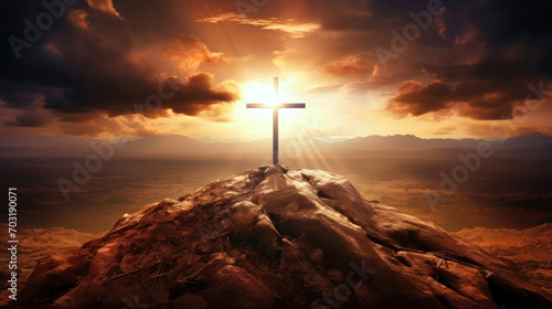 The Holy Cross, symbolizing the death and resurrection of Jesus Christ with the sky above the hill of Calvary, is shrouded in light and the concept of the apocalypse. Easter.