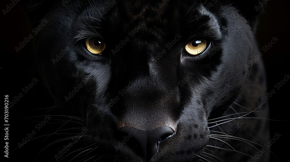 A close up of a black panther's face