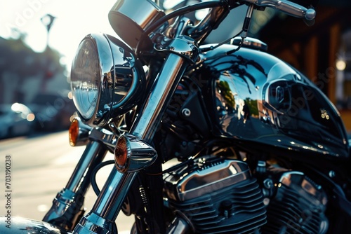 A close up view of a motorcycle parked on a street. Suitable for various motorcycle-related themes and concepts © Fotograf