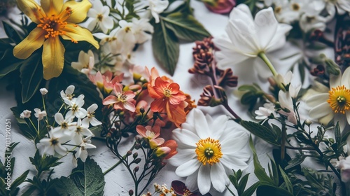 A close-up view of a bunch of flowers placed on a table. Suitable for various applications