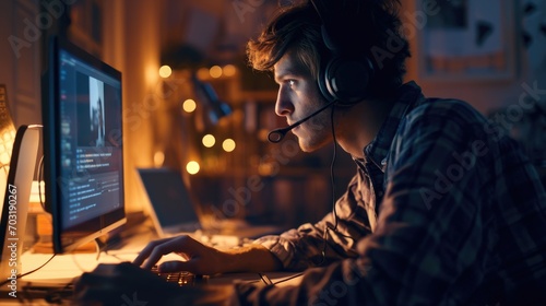 A man wearing a headset is diligently working on a computer. This image can be used to illustrate professional work, customer service, or remote work