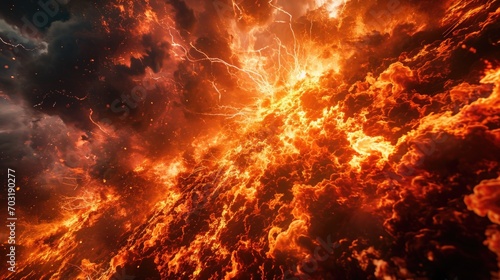 A massive fire blazing in the sky, creating a mesmerizing spectacle. This image can be used to depict danger, destruction, or a catastrophic event