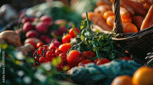 A basket filled with a variety of fresh vegetables. Perfect for healthy eating and farm-to-table concepts photo