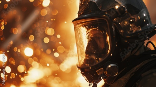 A man wearing a helmet and a gas mask. Suitable for industrial, hazardous environment, or post-apocalyptic themed projects photo