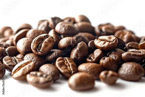 A pile of coffee beans on a white surface. Can be used to depict coffee brewing, coffee beans, coffee culture, or coffee addiction