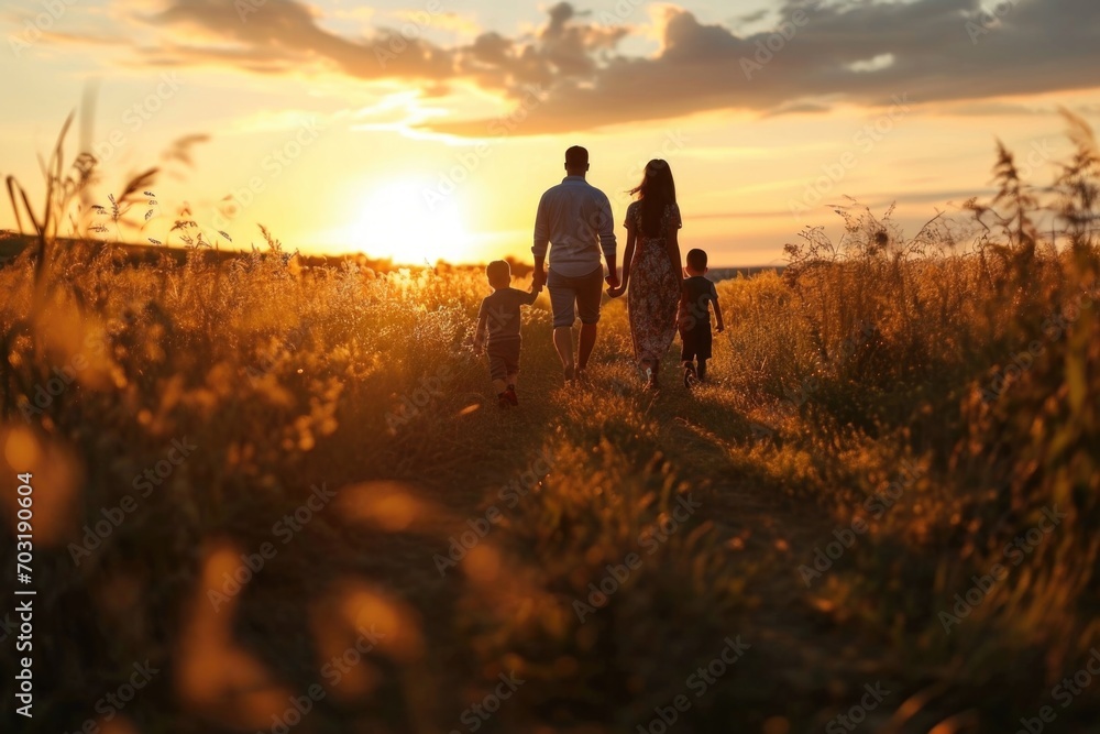 A family enjoying a peaceful walk through a beautiful field at sunset. Perfect for nature and family-themed projects