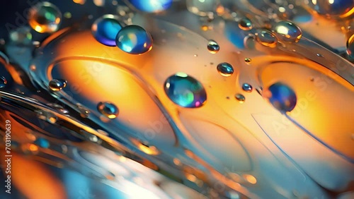 A vivid closeup of a dappled surface of oil suspended in motion illuminated in a fountainlike macro shot into a stylishly refracted glimmer that slowly rains down. photo