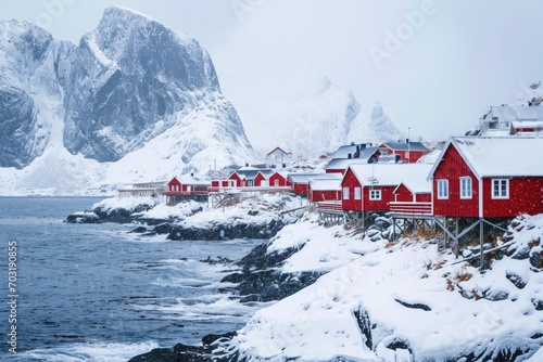 A group of red houses sitting on top of a snow covered hillside. Perfect for winter-themed designs and real estate concepts