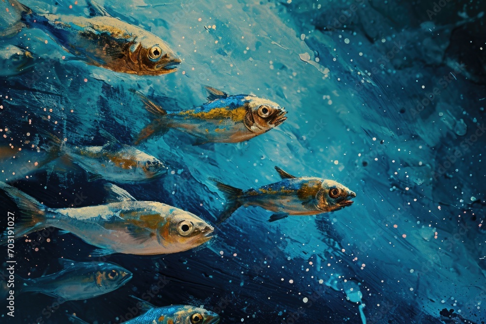 Naklejka premium A painting depicting a group of fish swimming in the ocean. Suitable for various underwater and marine-themed projects