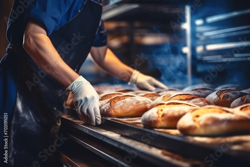 A worker at a bakery takes fresh bread out of the oven. Industrial production. photo