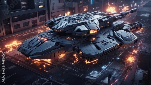"Nightfall Inferno: Futuristic Tank in a Hyper-Detailed Cityscape"