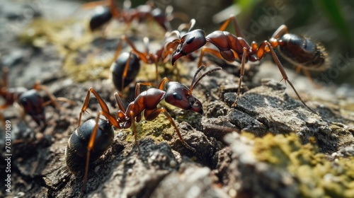 A group of ants crawling on a tree trunk. Suitable for nature, insect, and wildlife themes © Fotograf