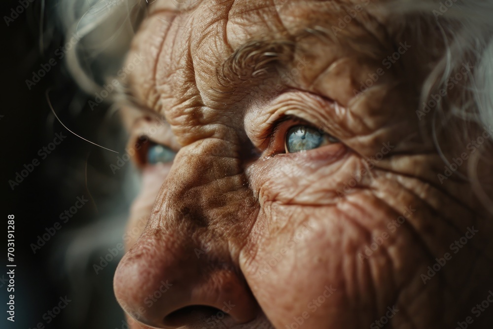 A close-up photograph capturing the facial features of an older woman. This image can be used to depict aging, beauty, wisdom, or seniority in various projects A close-up photograph capturing the facial features of an older woman. This image can be used to depict aging, beauty, wisdom, or seniority in various projects