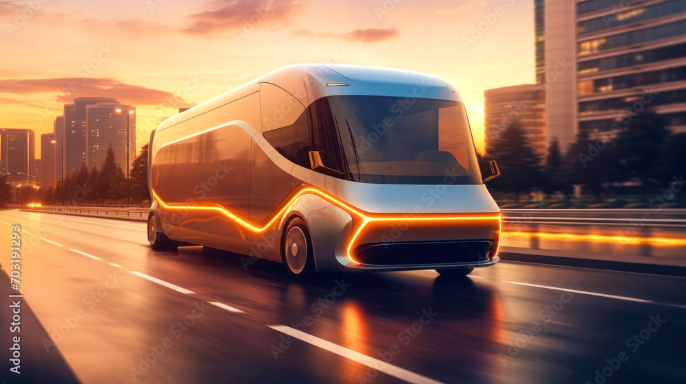 Stunning image of an electric semi-trailer driving down a highway during sunset. A futuristic truck is driving along the highway. The concept of road transport in the future. Stunning image of an electric semi-trailer driving down a highway during sunset. A futuristic truck is driving along the highway. The concept of road transport in the future.