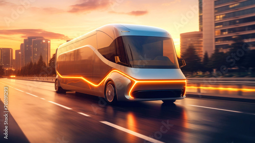 Stunning image of an electric semi-trailer driving down a highway during sunset. A futuristic truck is driving along the highway. The concept of road transport in the future. © Anoo