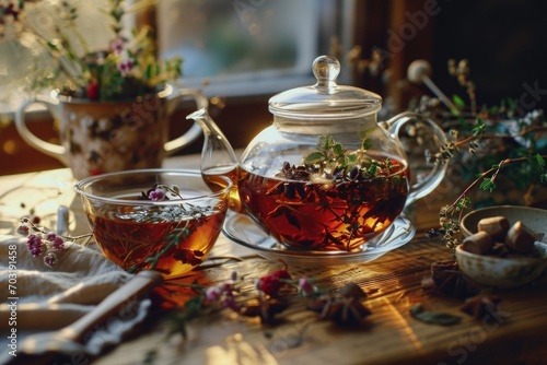 A glass tea pot filled with tea next to a cup of tea. Perfect for tea lovers and cozy moments
