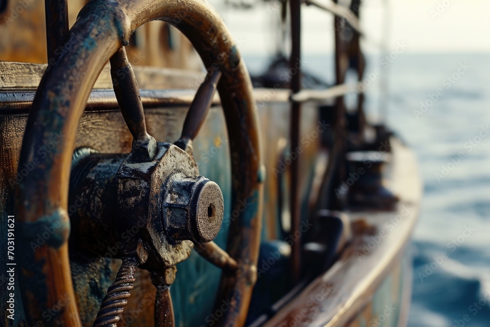 A picture of a steering wheel on a boat in the ocean. Perfect for nautical-themed designs or illustrations