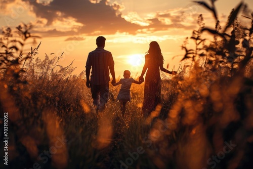 A beautiful scene of a family walking through a field at sunset. Perfect for nature, family, and outdoor lifestyle themes