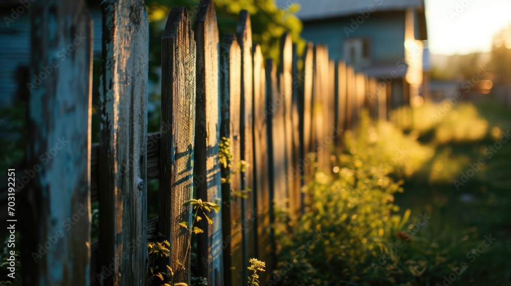 A wooden fence standing in front of a house. This image can be used to depict a cozy home or as a background for real estate and home improvement projects A wooden fence standing in front of a house. This image can be used to depict a cozy home or as a background for real estate and home improvement projects