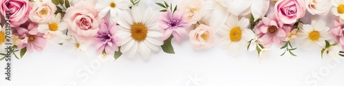 Spring and summer decorations background with beautiful wild flowers. Copy space for text banner.