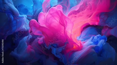 Dynamic bursts of neon pink and electric blue liquids colliding and creating a vibrant spectacle of fluid motion against a vivid 3D background, captured in high resolution.