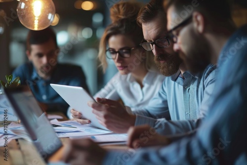 A group of people sitting around a table, each with their own laptop. Suitable for illustrating teamwork and collaboration in a modern office setting