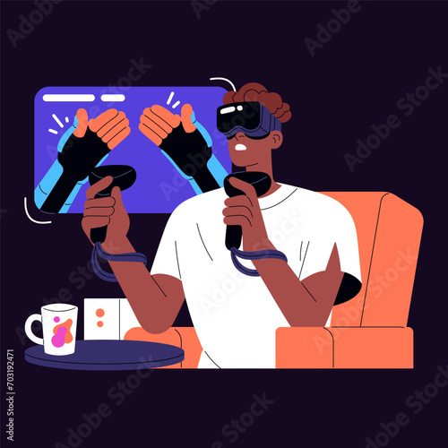 Professional gamer with gaming controller in hands. Videogame player in VR glasses. Boy plays with video games console. Virtual reality simulator, digital technology. Flat isolated vector illustration