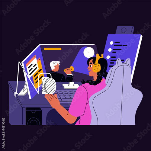 Gamer in headset plays video games back view. Professional streamer in computer chair communicates in online chat. Cute girl records gaming podcast, streaming. Flat isolated vector illustration