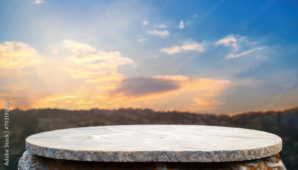 Stone podium table top outdoors on sky cloud blurred background