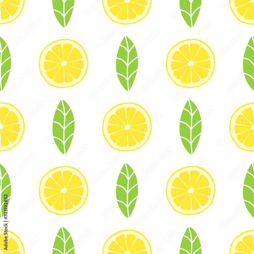 Lemon slices and leaves seamless pattern. Round slices of ripe yellow lemons on white background. Summer tropical fresh fruits theme wallpaper.