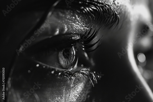 Close-up black and white photo of a woman's eye. Suitable for use in beauty, fashion, or conceptual projects photo