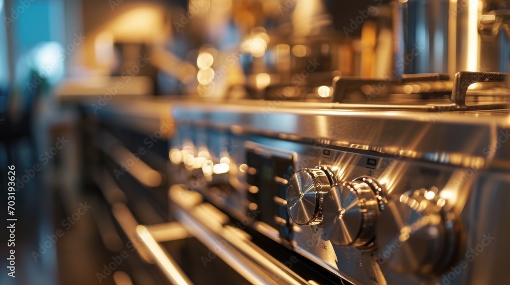 A detailed close up of the knobs on a stove. Perfect for illustrating kitchen appliances and cooking equipment