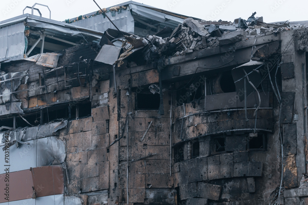 Destruction in a shopping center after being hit by a ballistic missile during the war in Ukraine and Russia. War, destruction of houses. Shopping center Appolo. DNIPRO, UKRAINE – December 29, 2023 Destruction in a shopping center after being hit by a ballistic missile during the war in Ukraine and Russia. War, destruction of houses. Shopping center Appolo. DNIPRO, UKRAINE – December 29, 2023