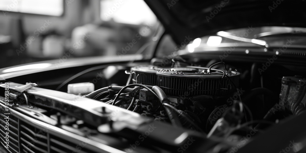 Fototapeta premium A black and white photo of a car engine. Perfect for automotive enthusiasts and mechanics
