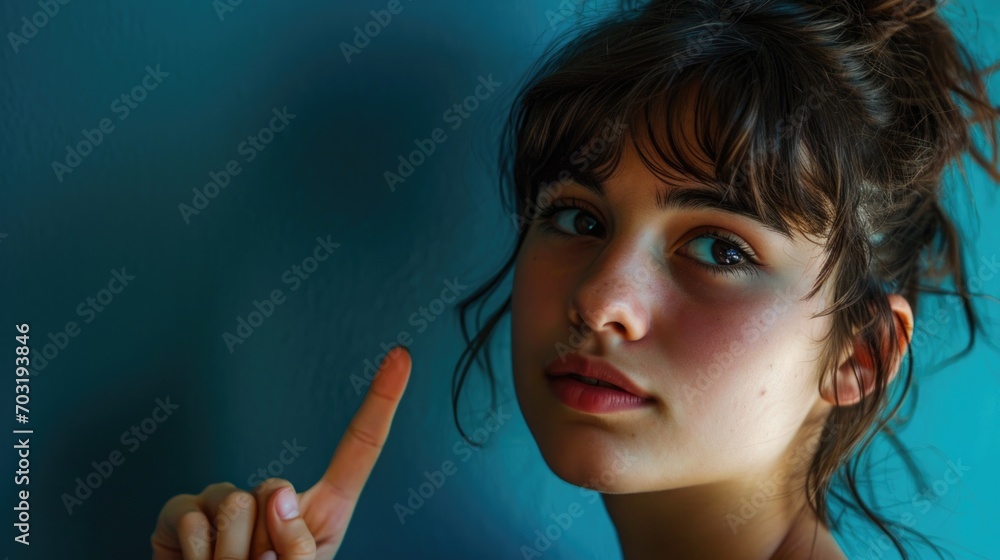 Obraz premium A young woman pointing to her left hand. Can be used to showcase jewelry or to convey a message or direction