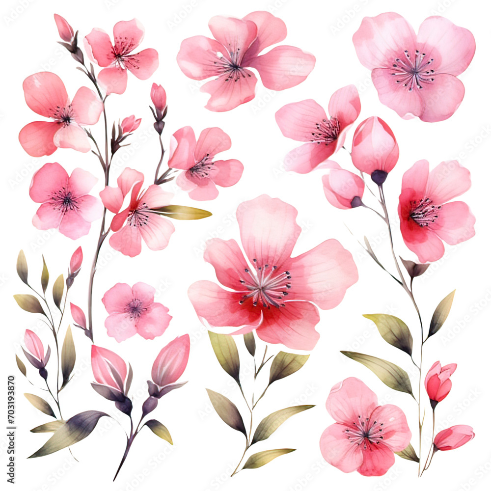 Pink Flowers Watercolor Clipart 
