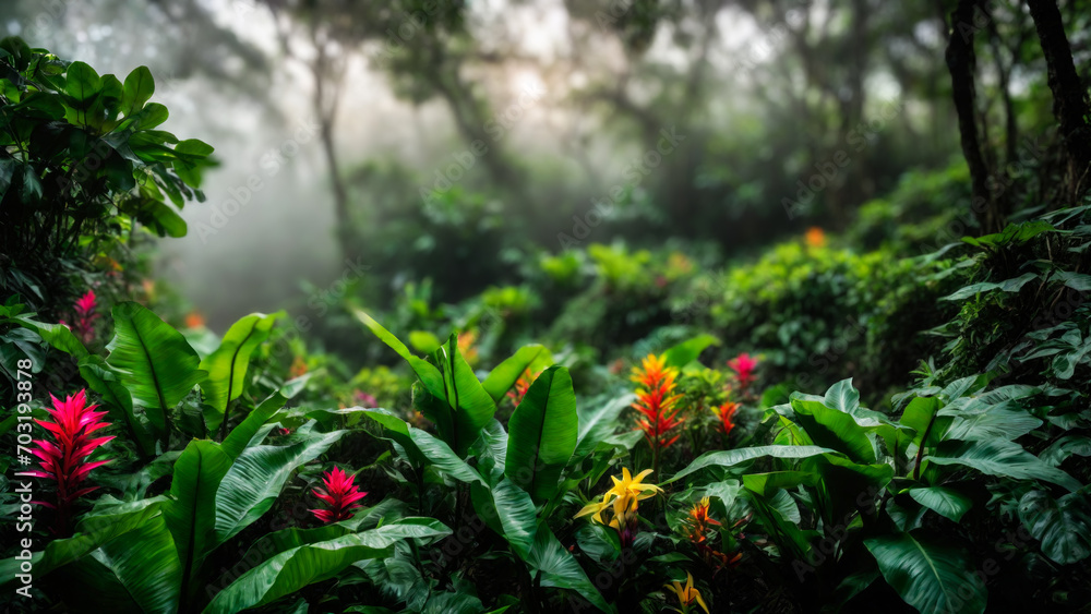 Flowers in spring tropical rainforest, fog in a wet forest, plant growth and environmental protection concept, wild jungle, springtime