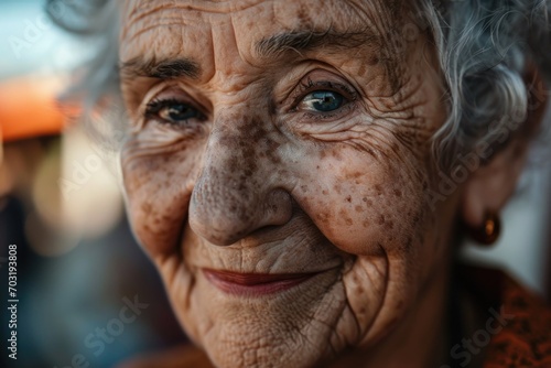 A detailed close-up of an older woman's face, showing her unique features and expressions. Suitable for various uses