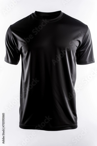 A black t-shirt placed on a clean, white background. Suitable for various design purposes