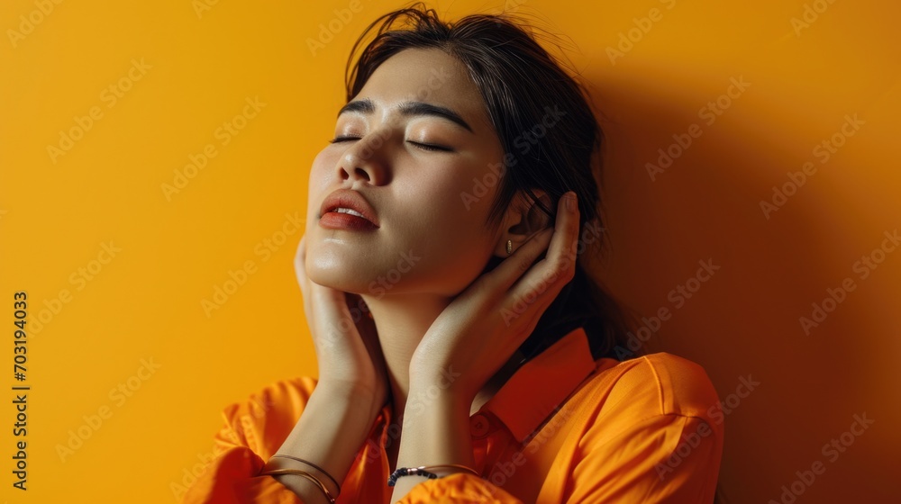 A woman in an orange shirt leaning against a wall. Suitable for various contexts A woman in an orange shirt leaning against a wall. Suitable for various contexts