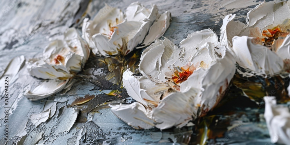 A close-up view of a painting depicting white flowers. Ideal for adding a touch of elegance to any space A close-up view of a painting depicting white flowers. Ideal for adding a touch of elegance to any space