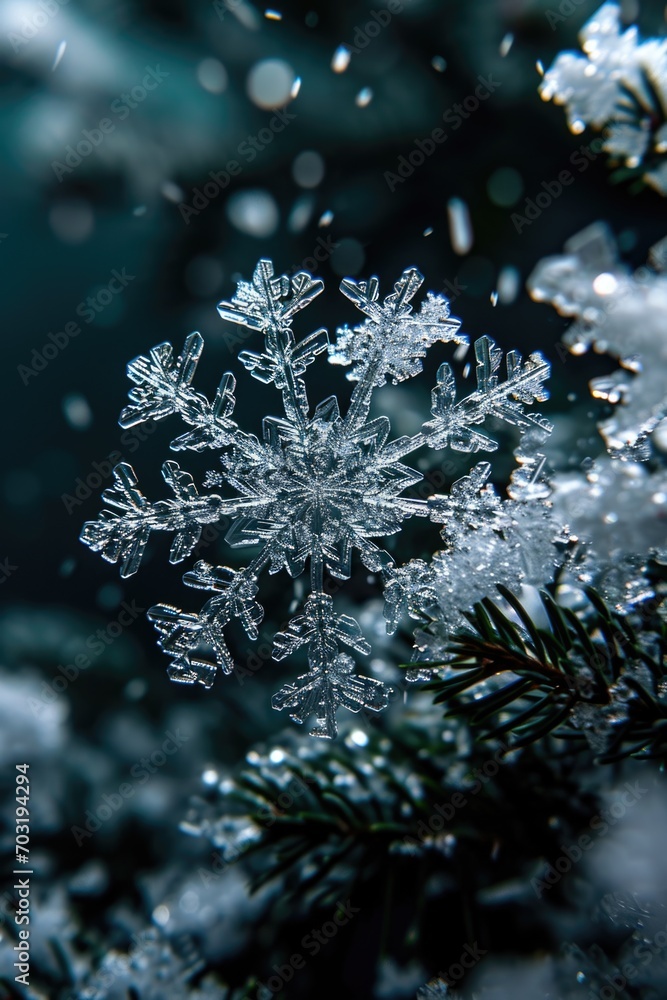 A close up of a snowflake on a tree. Perfect for winter-themed designs and holiday greetings A close up of a snowflake on a tree. Perfect for winter-themed designs and holiday greetings
