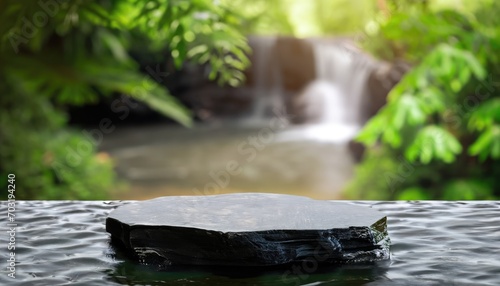 white stone podium table top in outdoor waterfall green tropical forest nature blured background