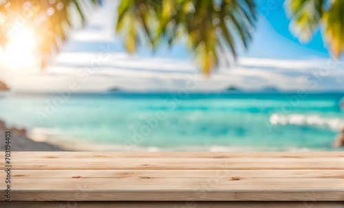Empty wooden table  blurred summer sea background with copy space for your product