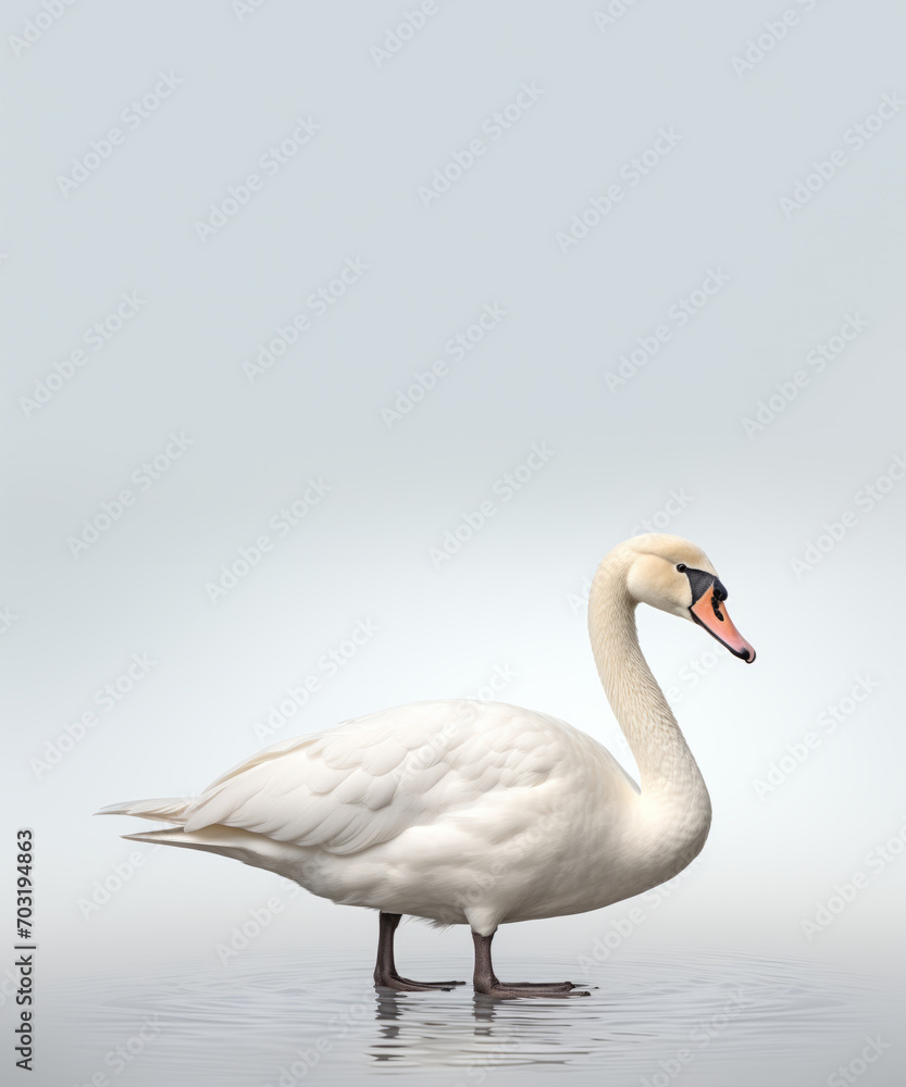 A graceful white swan stands in water against a pale grey background, exuding elegance and peace. A graceful white swan stands in water against a pale grey background, exuding elegance and peace.